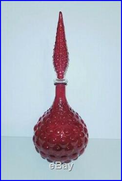 Vintage Italian Decanter Empoli Ruby Red Hobnail Bubble Glass 16.5 Tall