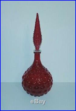 Vintage Italian Decanter Empoli Ruby Red Hobnail Bubble Glass 16.5 Tall