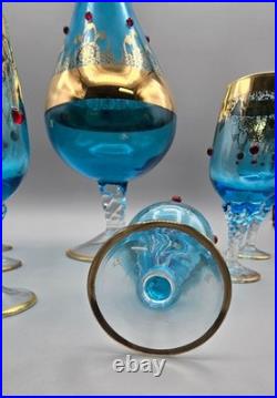 Vintage Italian Empoli Blue Glass Decanter 6 Glasses 24k Gold Trim & Red Jewels