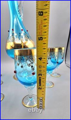 Vintage Italian Empoli Blue Glass Decanter 6 Glasses 24k Gold Trim & Red Jewels