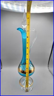 Vintage Italian Empoli Blue Glass Decanter 6 Glasses 24k Gold Trim & Red Jewels