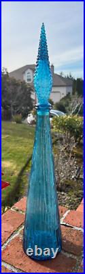 Vintage Italian Empoli Blue Glass Decanter Genie Bottle 22in Italy Made Ripple
