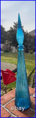 Vintage Italian Empoli Blue Glass Decanter Genie Bottle 22in Italy Made Ripple