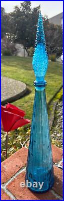Vintage Italian Empoli Blue Glass Decanter Genie Bottle 22in Italy Made Ripple