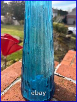 Vintage Italian Empoli Blue Glass Decanter Genie Bottle 22in Italy Made Ripple