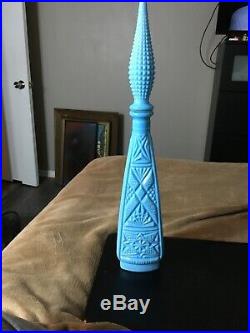 Vintage Italian Empoli Blue Hobnail Milk Glass Decanter Genie Bottle 3 Sided