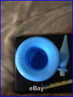 Vintage Italian Empoli Blue Hobnail Milk Glass Decanter Genie Bottle 3 Sided