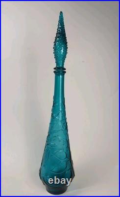 Vintage Italian Empoli Genie Bottle Decanter & stopper Teal Blue Floral Pattern
