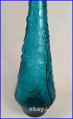 Vintage Italian Empoli Genie Bottle Decanter & stopper Teal Blue Floral Pattern