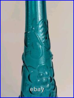 Vintage Italian Empoli Genie Bottle Decanter & stopper Teal Blue Floral Pattern