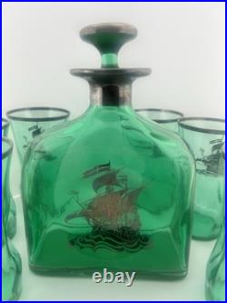 Vintage Italian Empoli Style Emerald Green Glass Decanter & 6 Ship Glasses MCM