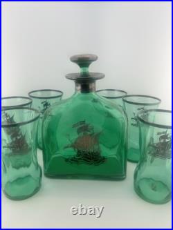 Vintage Italian Empoli Style Emerald Green Glass Decanter & 6 Ship Glasses MCM