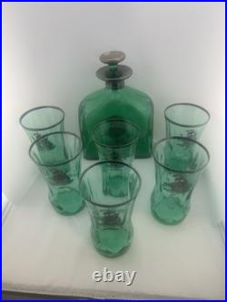 Vintage Italian Empoli Style Emerald Green Glass Decanter & 6 Ship Glasses MCM