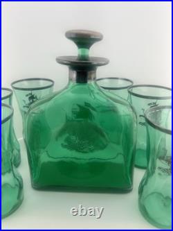 Vintage Italian Empoli Style Emerald Green Glass Decanter & 6 Ship Glasses MCM