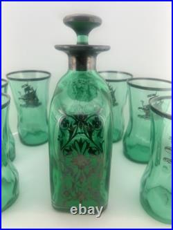 Vintage Italian Empoli Style Emerald Green Glass Decanter & 6 Ship Glasses MCM