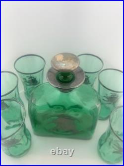 Vintage Italian Empoli Style Emerald Green Glass Decanter & 6 Ship Glasses MCM