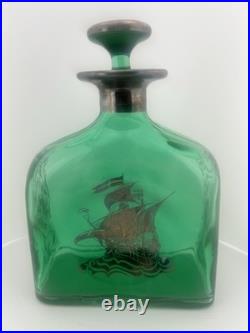 Vintage Italian Empoli Style Emerald Green Glass Decanter & 6 Ship Glasses MCM