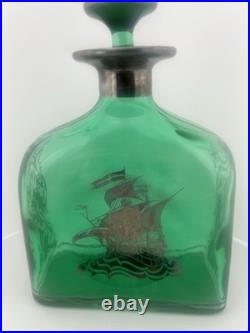 Vintage Italian Empoli Style Emerald Green Glass Decanter & 6 Ship Glasses MCM