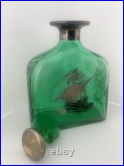 Vintage Italian Empoli Style Emerald Green Glass Decanter & 6 Ship Glasses MCM
