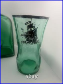 Vintage Italian Empoli Style Emerald Green Glass Decanter & 6 Ship Glasses MCM
