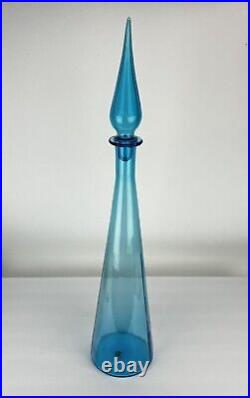 Vintage Italian Glass Decanter Bottle Blue Optic Panel Flame Stopper Italy 28in