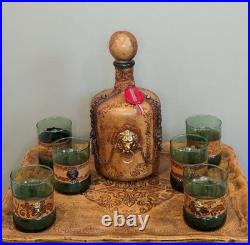 Vintage Italian Glass Decanter Set Green Glass Leather Snap Metal Lion With Tray