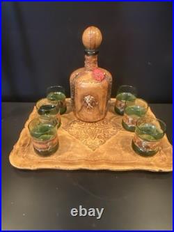Vintage Italian Glass Decanter Set Green Glass Leather Snap Metal Lion With Tray