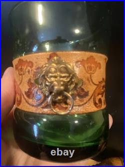 Vintage Italian Glass Decanter Set Green Glass Leather Snap Metal Lion With Tray