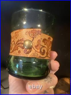 Vintage Italian Glass Decanter Set Green Glass Leather Snap Metal Lion With Tray