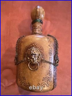 Vintage Italian Glass Decanter Set Green Glass Leather Snap Metal Lion With Tray