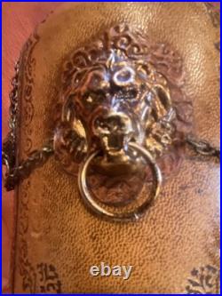 Vintage Italian Glass Decanter Set Green Glass Leather Snap Metal Lion With Tray