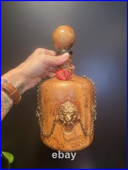 Vintage Italian Glass Decanter Set Green Glass Leather Snap Metal Lion With Tray