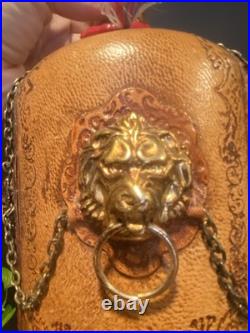 Vintage Italian Glass Decanter Set Green Glass Leather Snap Metal Lion With Tray