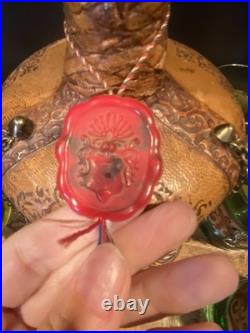 Vintage Italian Glass Decanter Set Green Glass Leather Snap Metal Lion With Tray