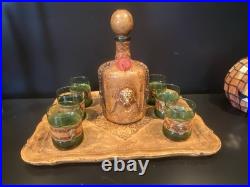 Vintage Italian Glass Decanter Set Green Glass Leather Snap Metal Lion With Tray