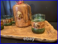 Vintage Italian Glass Decanter Set Green Glass Leather Snap Metal Lion With Tray