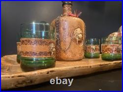 Vintage Italian Glass Decanter Set Green Glass Leather Snap Metal Lion With Tray