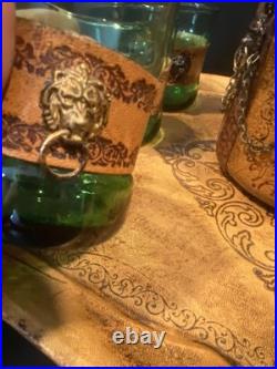 Vintage Italian Glass Decanter Set Green Glass Leather Snap Metal Lion With Tray