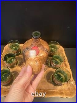 Vintage Italian Glass Decanter Set Green Glass Leather Snap Metal Lion With Tray