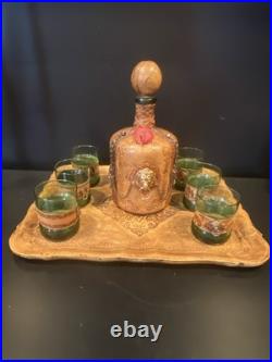 Vintage Italian Glass Decanter Set Green Glass Leather Snap Metal Lion With Tray