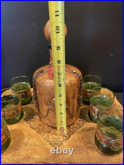 Vintage Italian Glass Decanter Set Green Glass Leather Snap Metal Lion With Tray