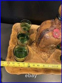 Vintage Italian Glass Decanter Set Green Glass Leather Snap Metal Lion With Tray