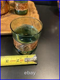 Vintage Italian Glass Decanter Set Green Glass Leather Snap Metal Lion With Tray