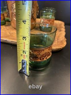 Vintage Italian Glass Decanter Set Green Glass Leather Snap Metal Lion With Tray