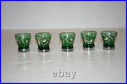 Vintage Italian Glass Decanter with Stopper, 5 Liqueurs Green with Silver Overlay