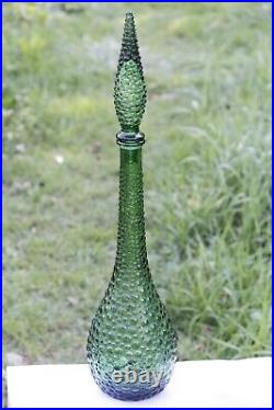 Vintage Italian Green Bubble Glass Genie Bottle Empoli Decanter 22in 70s