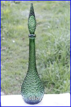 Vintage Italian Green Bubble Glass Genie Bottle Empoli Decanter 22in 70s