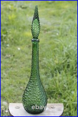 Vintage Italian Green Bubble Glass Genie Bottle Empoli Decanter 22in 70s