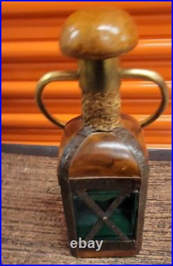 Vintage Italian Green Glass Decanter Wrapped With Brown Leather With Brass Handle