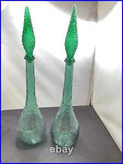 Vintage Italian Green Glass Genie Bottle Empoli Decanter 22in 70s Hobnail Pair